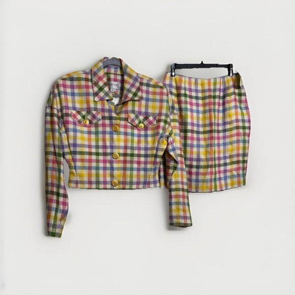 Emanuel Ungaro Vtg Colorful Plaid Blazer & Mini Skirt Set Sz 8/6 Missing Button - Picture 1 of 6